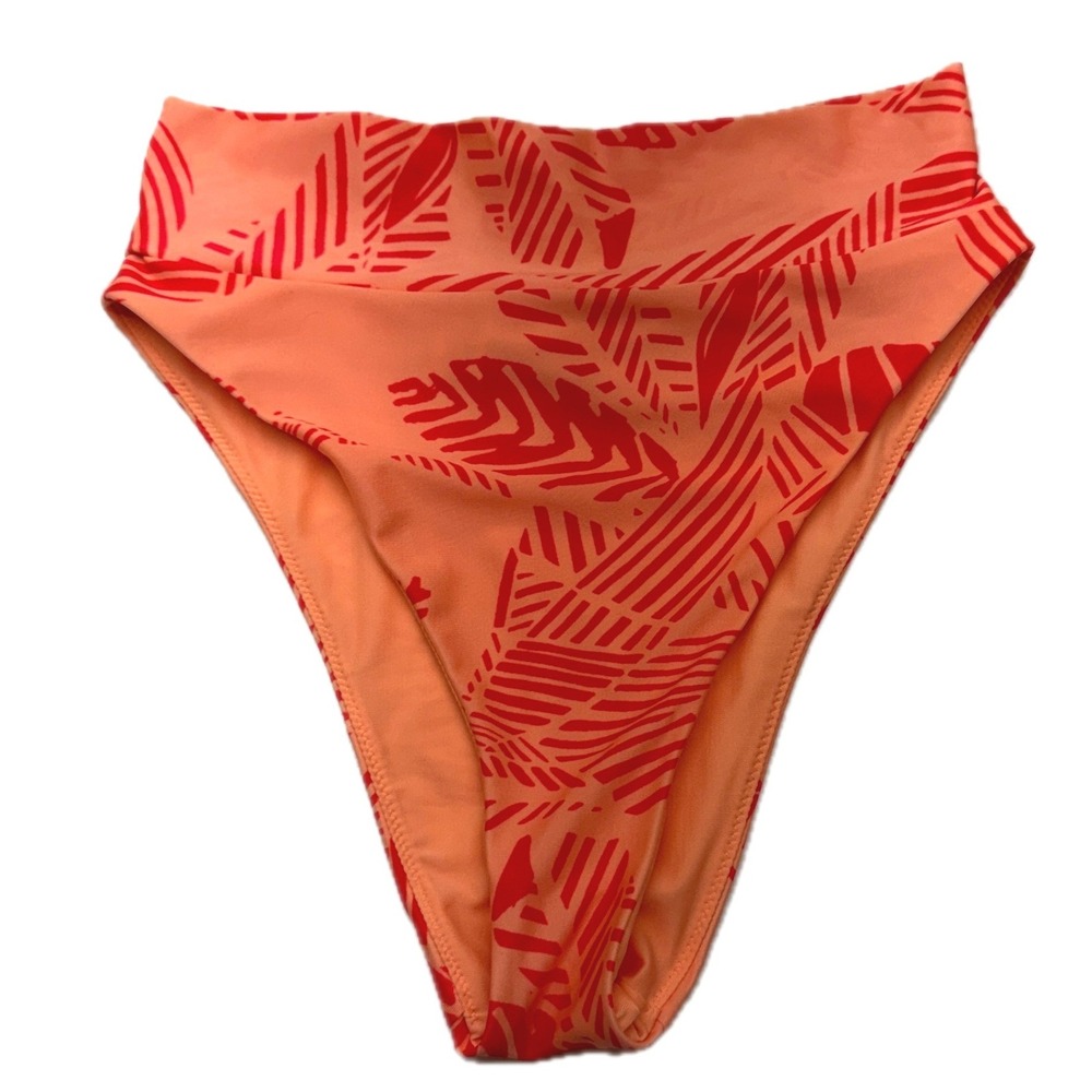 Aerie Swim Bottoms Women Small Orange Tropical Leaf High Cut Cheeky